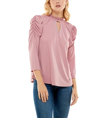 Women's 3/4 Puff Sleeve with Smocked Neck and Keyhole Top