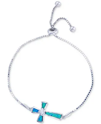 Lab-Created Blue Opal Cross Bolo Bracelet in Sterling Silver