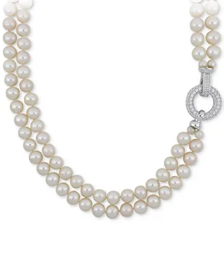 Cultured Freshwater Pearl (7 - 8mm) & Cubic Zirconia Double Strand 17" Collar Necklace