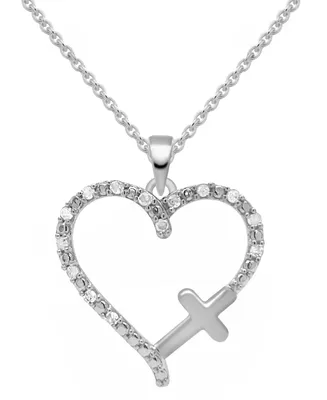 Diamond Heart & Cross 18" Pendant Necklace (1/10 ct. t.w.) Sterling Silver or 14k Gold-Plate