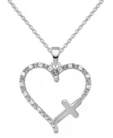 Diamond Heart & Cross 18" Pendant Necklace (1/10 ct. t.w.) Sterling Silver or 14k Gold-Plate
