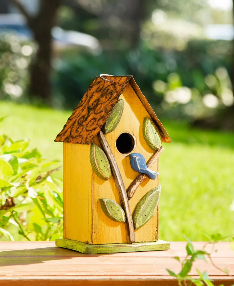 Glitzhome 9.75" Washed Birdhouse with 3D Tree and Bird