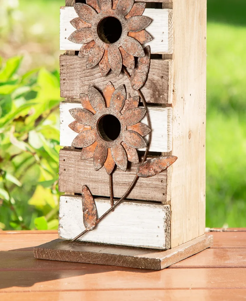 Glitzhome 14.5" Distressed Birdhouse with 3D Rustic Flowers