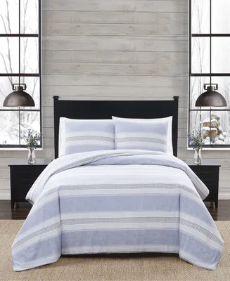 London Fog Stripe 3 Piece Flannel Duvet Cover Set, Full/Queen