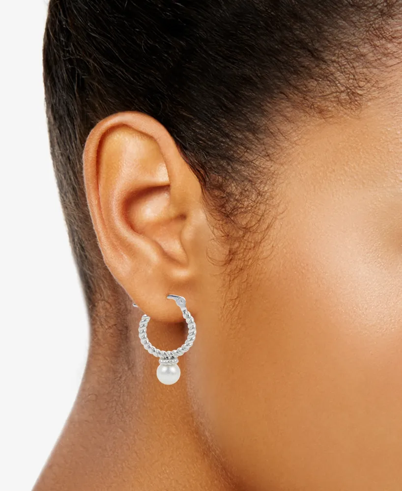 Cultured Freshwater Pearl (6mm) Twist Hoop Earrings in Sterling Silver