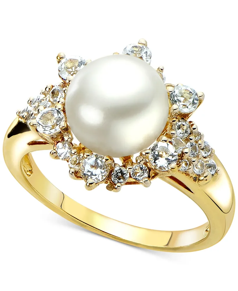 Cultured Freshwater Pearl (8mm) & White Topaz (7/8 ct. t.w.) Ring in 14k Gold-Plated Sterling Silver