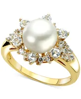 Cultured Freshwater Pearl (8mm) & White Topaz (7/8 ct. t.w.) Ring in 14k Gold-Plated Sterling Silver