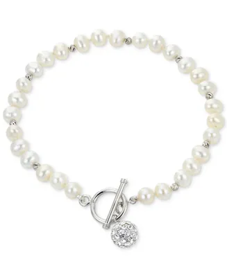 Cultured Freshwater Pearl (5-5-1/2mm) & Crystal Toggle Bracelet in Sterling Silver