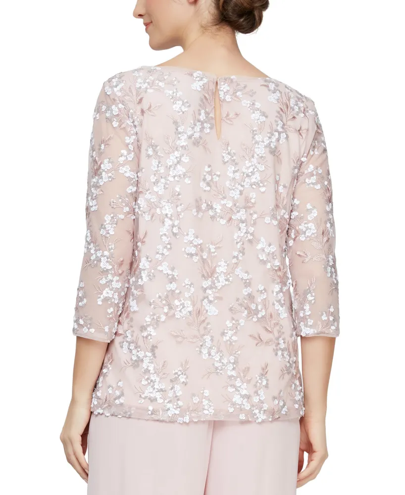 Alex Evenings Embroidered Sequin 3/4-Sleeve Top