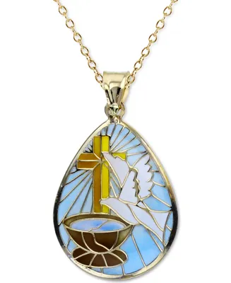 Enamel Dove & Cross Teardrop 18" Pendant Necklace in 14k Gold