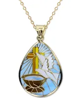 Enamel Dove & Cross Teardrop 18" Pendant Necklace in 14k Gold