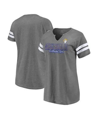 Women's Fanatics Heathered Charcoal Los Angeles Rams Super Bowl Lvi Bound Fade Script Stripe Notch Neck T-shirt