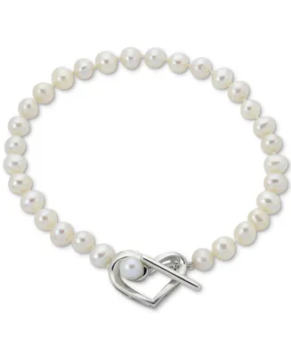 Cultured Freshwater Pearl (5-6mm) Heart Toggle Bracelet in Sterling Silver