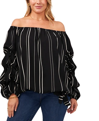 Vince Camuto Plus Size Striped Off-The-Shoulder Bubble 3/4-Sleeve Tie-Front Blouse