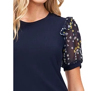 CeCe Women's Scattered Daisy Short Puff Sleeve Knit Top