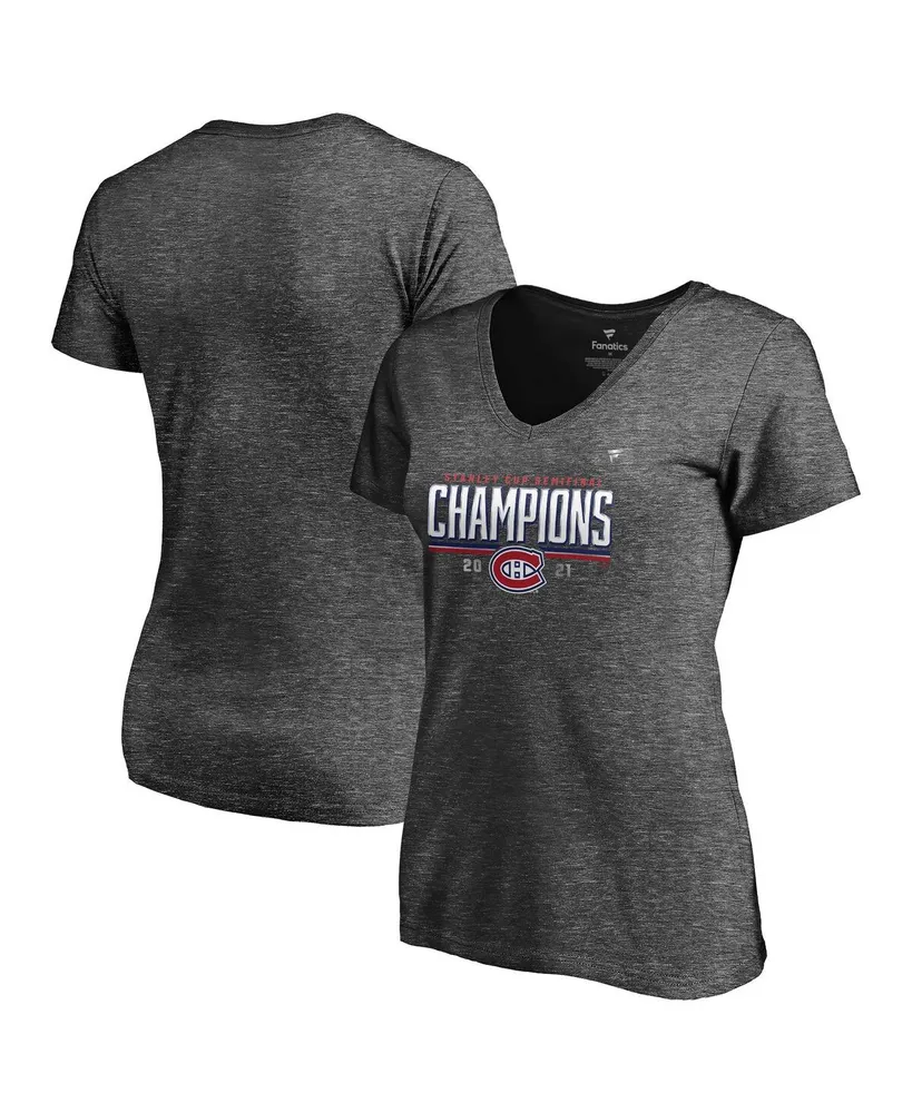 Women's Fanatics Heathered Charcoal Montreal Canadiens 2021 Stanley Cup Semifinal Champions Plus Size Locker Room V-Neck T-shirt