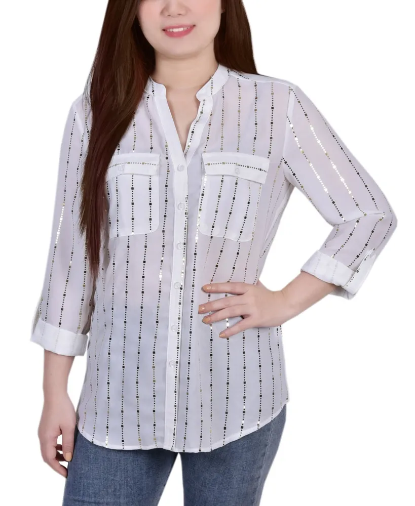 Petite 3/4 Sleeve Roll Tab Blouse with Metallic Details Top