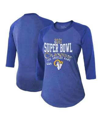 Women's Majestic Threads Heather Royal Los Angeles Rams Super Bowl Lvi Champions Roaring Success Tri-Blend 3/4 Sleeve Raglan T-shirt