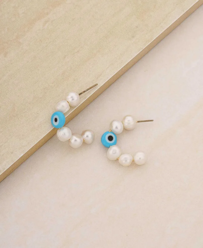 Ettika Imitation Pearl and Evil Eye Beaded Hoops - Gold