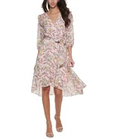 Tommy Hilfiger Printed Balloon-Sleeve Faux-Wrap Dress