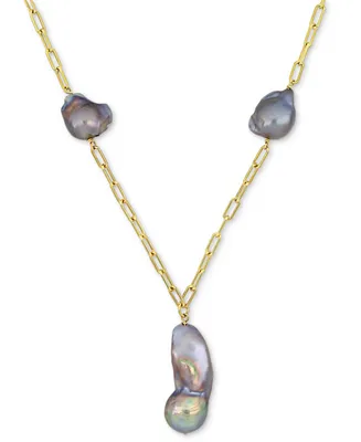 Gray Cultured Freshwater Baroque Pearl (13 & 35mm) 20" Paperclip Necklace in 18k Gold-Plated Sterling Silver