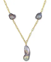 Gray Cultured Freshwater Baroque Pearl (13 & 35mm) 20" Paperclip Necklace in 18k Gold-Plated Sterling Silver