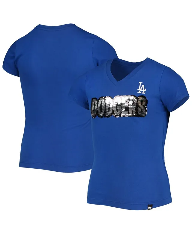 Girls Youth New Era Blue New York Mets Flip Sequin Team V-Neck T-Shirt