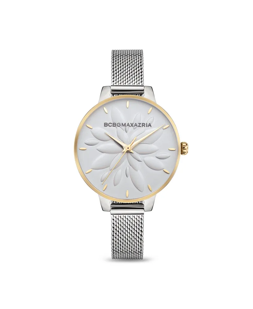 Bcbgmaxazria Women's Floral Dial Silver-Tone Stainless Steel Mesh