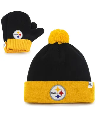 Toddler Unisex Black and Gold Pittsburgh Steelers Bam Bam Cuffed Knit Hat with Pom and Mittens Set