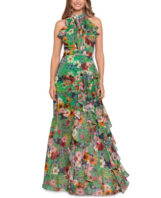 Betsy & Adam Women's Floral-Print Ruffled Halter Gown