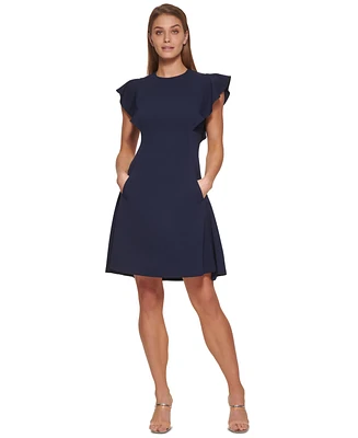 Dkny Petite Flutter-Sleeve Seamed Fit & Flare Dress