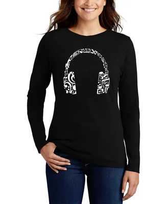 Women's Long Sleeve Word Art Music Note Headphones T-shirt