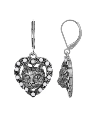 Silver-Tone Heart Cat Earrings