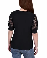 Women's Short Puff Sleeve Top with Lace Sleeves and Yoke