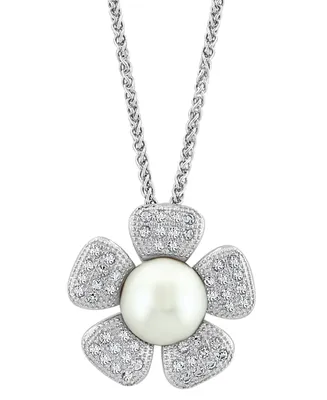 Effy Cultured Freshwater Pearl (10mm) & White Topaz (1/2 ct. t.w.) Flower 18" Pendant Necklace in Sterling Silver