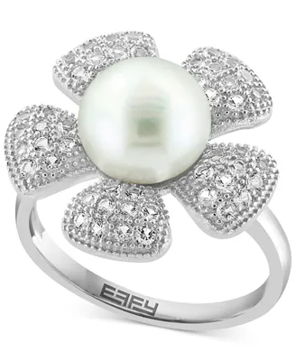 Effy Cultured Freshwater Pearl (10mm) & White Topaz (1/2 ct. t.w.) Flower Ring in Sterling Silver