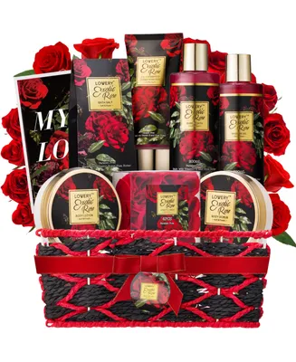 Exotic Rose Spa Gift Basket, Self Care Gift, Bath and Body Care Gift Set, Relaxing Stress Relief Gift, 13 Piece