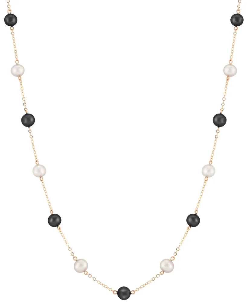 Cultured Freshwater Pearl (5mm) & Onyx (5mm) 18" Collar Necklace in 14k Gold