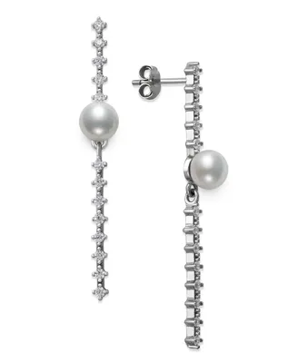 Belle de Mer Cultured Freshwater Button Pearl (6mm) & Cubic Zirconia Linear Drop Earrings in Sterling Silver, Created for Macy's