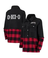 Women's The Wild Collective Black, Scarlet Ohio State Buckeyes Denim Flannel Stitch Button-Up Shirt