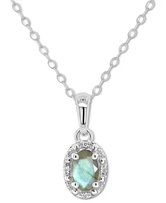 Labradorite & Diamond Accent Oval 18" Pendant Necklace Sterling Silver (Also Onyx, Turquoise)