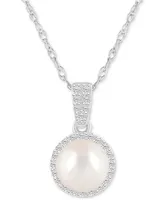 Cultured Freshwater Pearl (7mm) & Lab-Grown White Sapphire (1/6 ct. t.w.) 18" Pendant Necklace in 10k White Gold