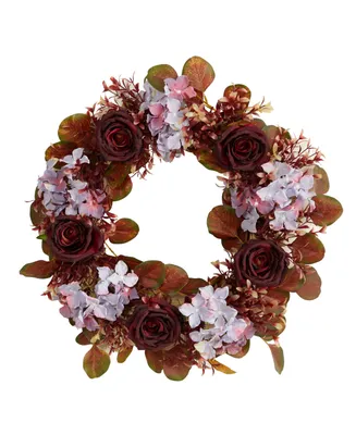 Fall Hydrangea and Rose Autumn Artificial Wreath, 22"