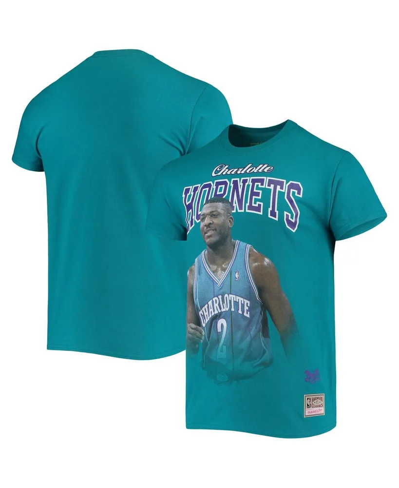 Men's Mitchell & Ness Larry Johnson Teal Charlotte Hornets Hardwood Classics Courtside Player T-shirt