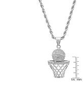 Steeltime Men's Stainless Steel Simulated Diamond Basketball and Hoop Pendant - Silver