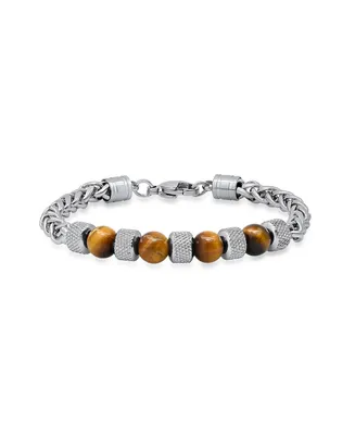Steeltime Men's Stainless Steel Wheat Chain and Tiger Eye Beads Bracelet - Silver