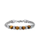 Steeltime Men's Stainless Steel Wheat Chain and Tiger Eye Beads Bracelet - Silver