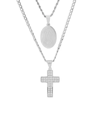Steeltime Men's 2 Pieces Stainless Steel and Simulated Diamonds Double Layered Cross and Our Lady of Guadalupe Pendant Set - Silver