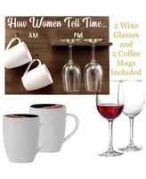 How Woman Tell Time Wall Mounted Wine Rack with Wine Glasses and Coffee Mugs, Set of 5