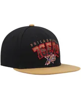 Men's Mitchell & Ness Black and Tan Philadelphia 76ers Hardwood Classics Gradient Wordmark Snapback Hat